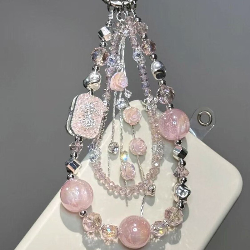 Pink Rose Tassel Double-Layer Wallet Phone Chain High-End Accessory Bag Pendant Design Short Phone Charm