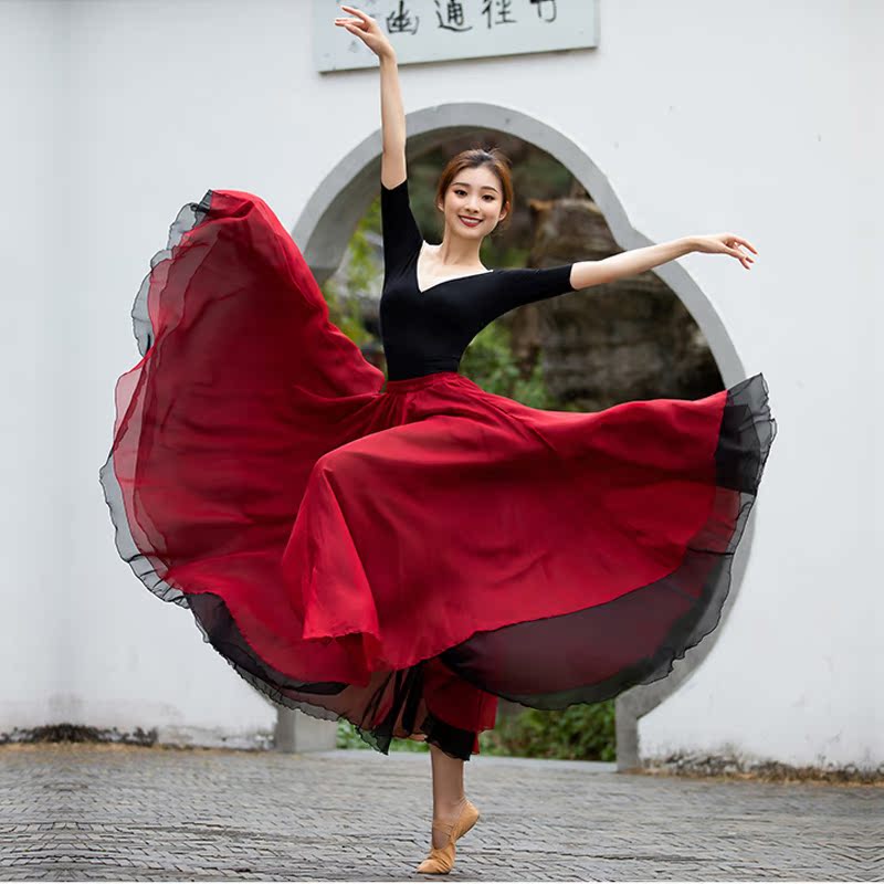 Chinese classical folk style dance practice costume sexy mesh top shows Tencel double-layer large-swing long skirt
