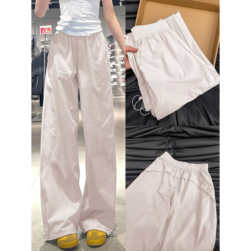 145cm Petite Pink Quick-Dry Cargo Pants for Women, Spring and Autumn, 150cm American Style Jogger Sweatpants, High-Waisted Straight Wide-Leg Pants