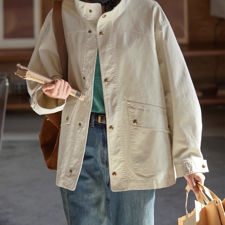 Hong Kong Style Retro Loose Stand-Up Collar Workwear Jacket for Women 2026 Early Spring New Casual Off-White Trench Coat Outerwear