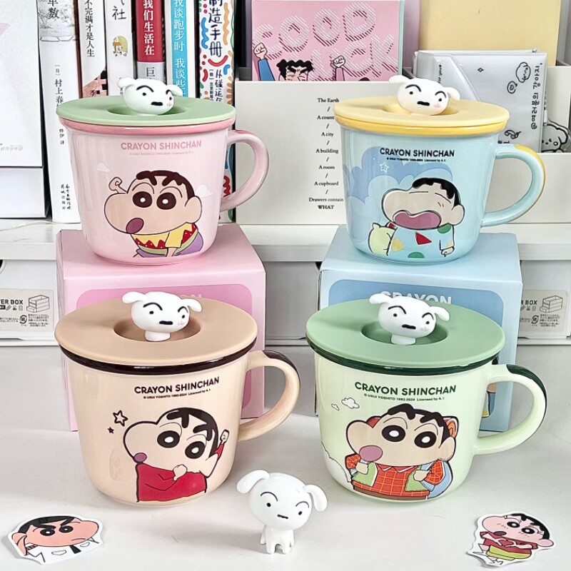 Керамическая кружка Crayon Shin-chan с крышкой и ложкой для мальчиков и девочек, высококачественная чашка для молока, чашка для завтрака с кофе на пару