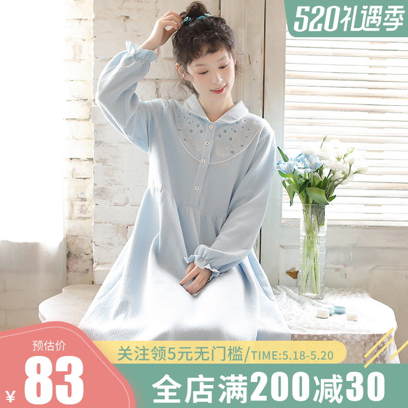 Sleeping Dress Woman 2021 New Autumn Winter Pure Cotton Air Cotton Long Version Sleeping Robe Day Department Sweetness Embroidery Thickened Pyjamas