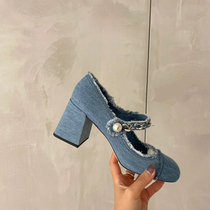 OMG Little Cute Shoes Denim Mary Treasures Shoes Pearls High Heel Shoes Women Baotou Coarse Heel Sandals Heel Sandals