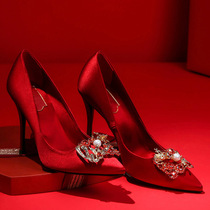 Pointed High Heels Shoes Woman 2020 New Show and Dragon Pineapple Buttons Bridal Shoes Red Wedding Shoes Fine Heel Flat Bottom Single Shoes Woman