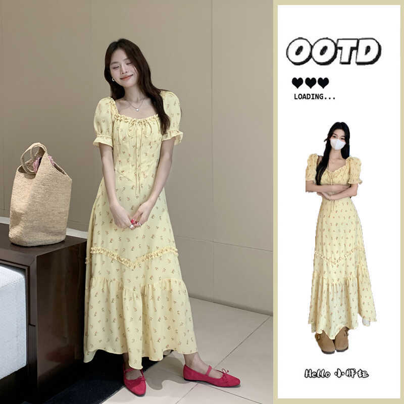 Plus-Size Women's Clothing, Slimming, Beach Vacation Style, Light Yellow Long Dress, Fat mm (Short for Plus-Size Women), French Style, Super Pretty, Elegant Floral Dress