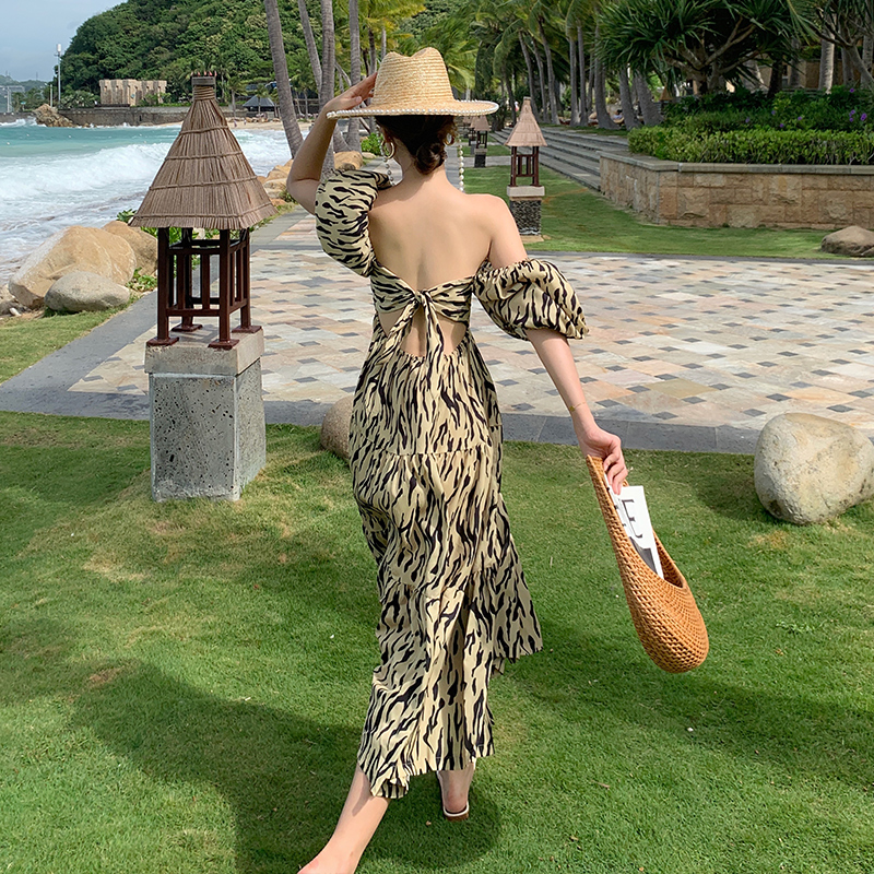 Square collar puff sleeve seaside holiday dress summer super fairy loose and thin backless beach skirt BAO WEN long skirt