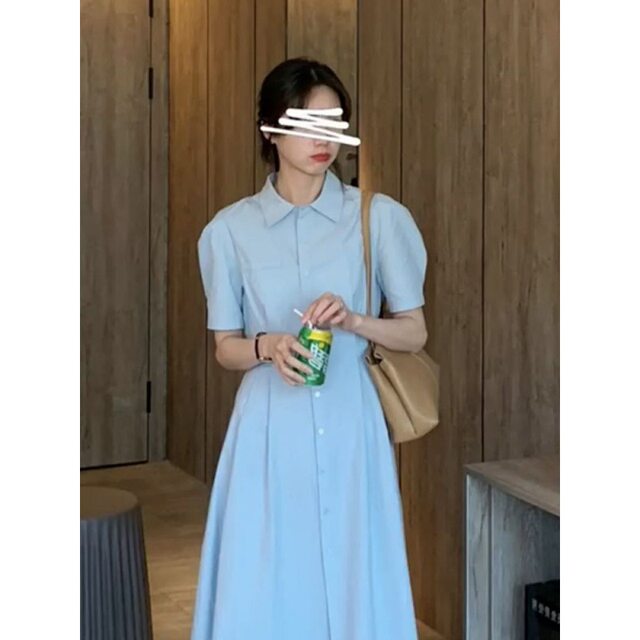 Shirt dress petite blue shirt dress women's tea break skirt French casual long skirt niche dress