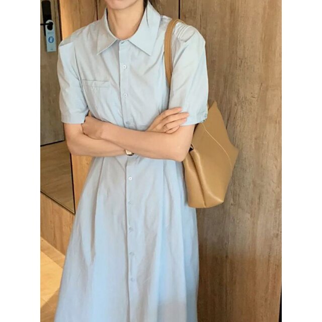 Shirt dress petite blue shirt dress women's tea break skirt French casual long skirt niche dress