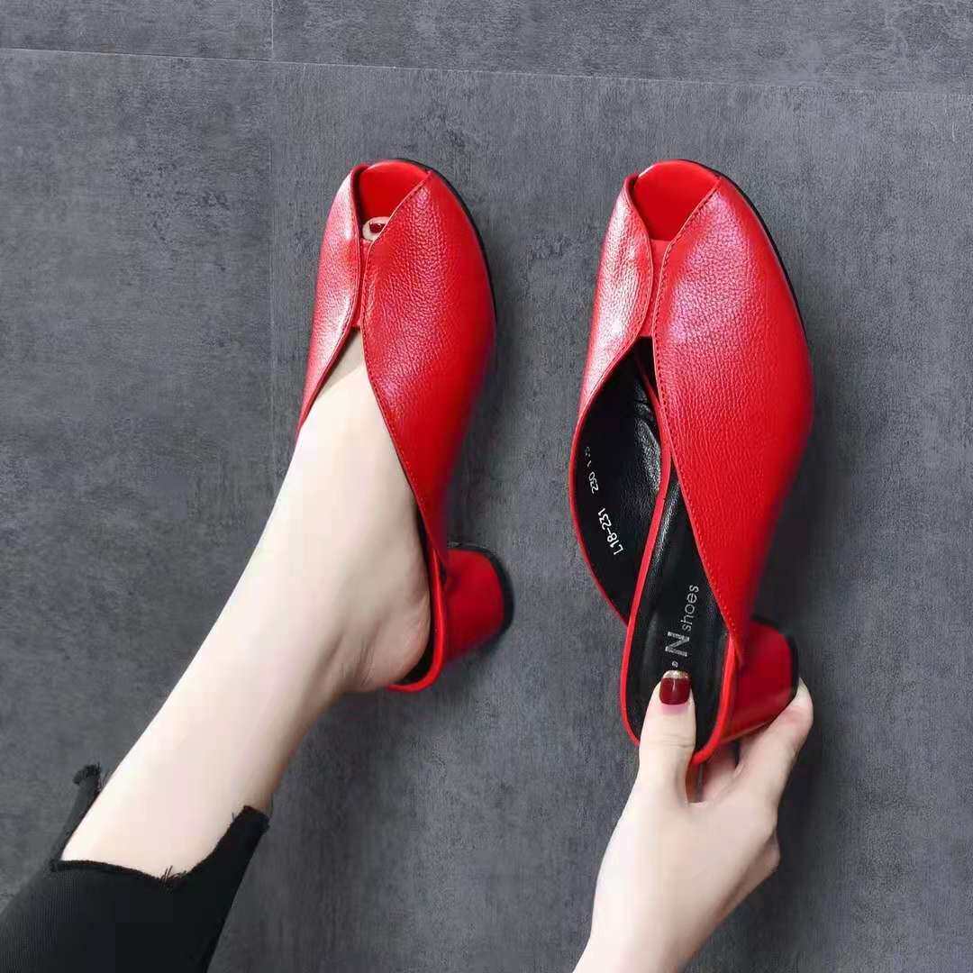 Sandal da thật hở mũi nữ gót vừa mũi kín thời trang — Màu đen chi tiết 3