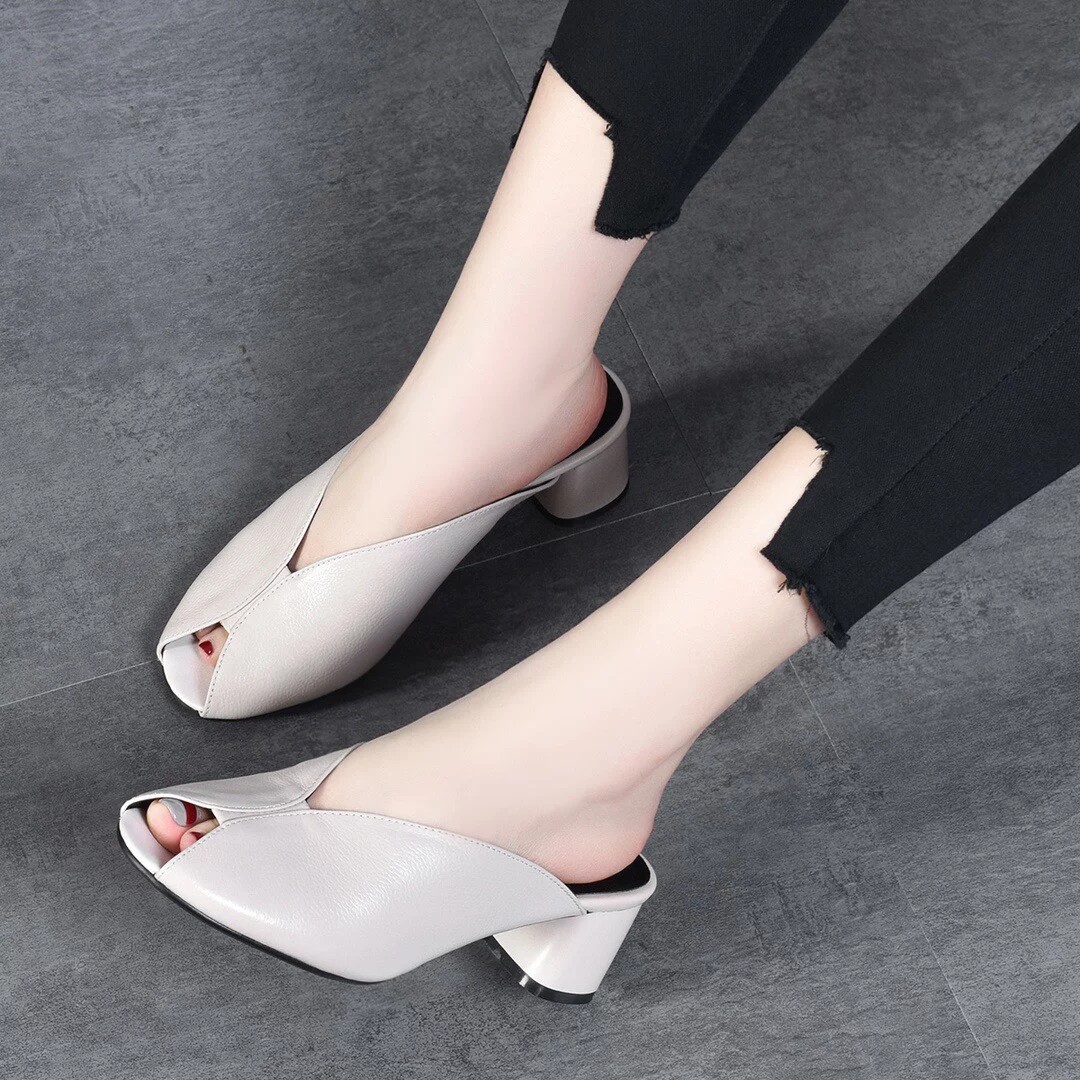 Sandal da thật hở mũi nữ gót vừa mũi kín thời trang — Màu đen chi tiết 5