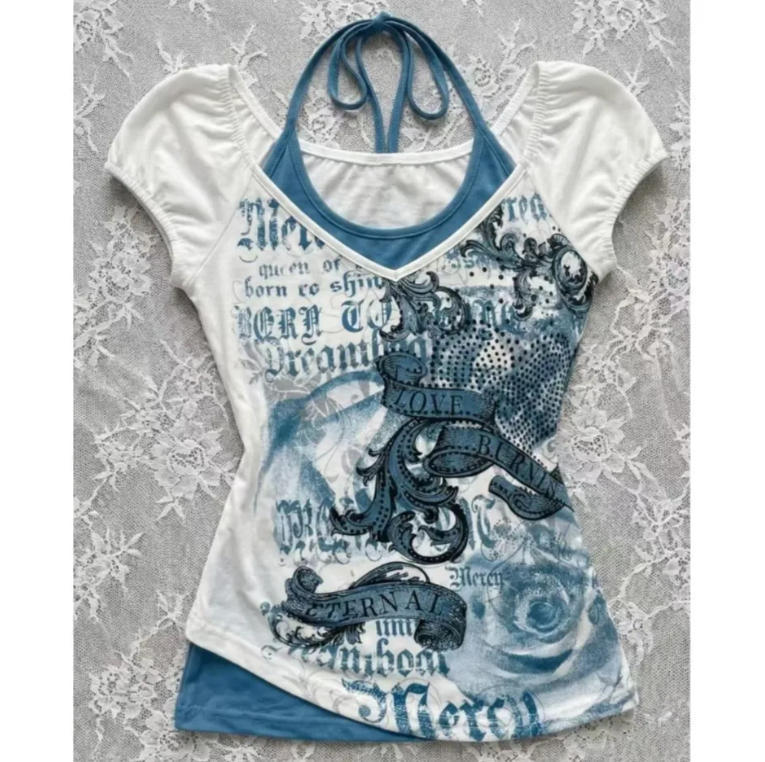 Subculture Pink Printed Fake Two-Piece Halter Tie Top T-Shirt for Women, Spring and Autumn, Y2K Style, Hot Girl Short-Sleeve Trendy