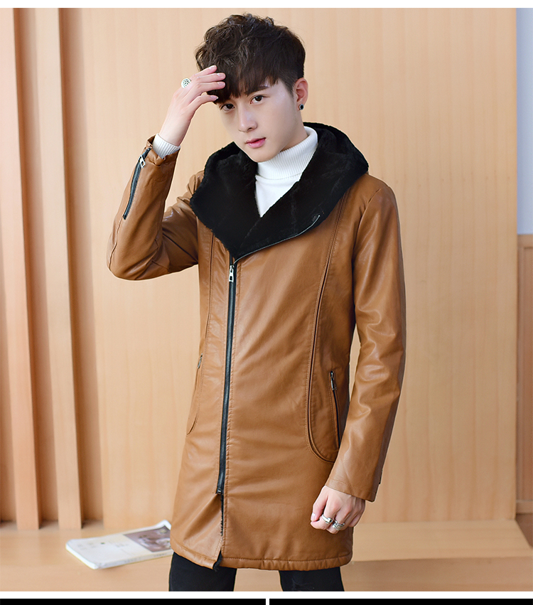 Mùa đông teen da dài phần cộng với nhung dày Slim áo khoác da Hàn Quốc lông thú một chiếc áo khoác nam đẹp trai áo khoác lót lông