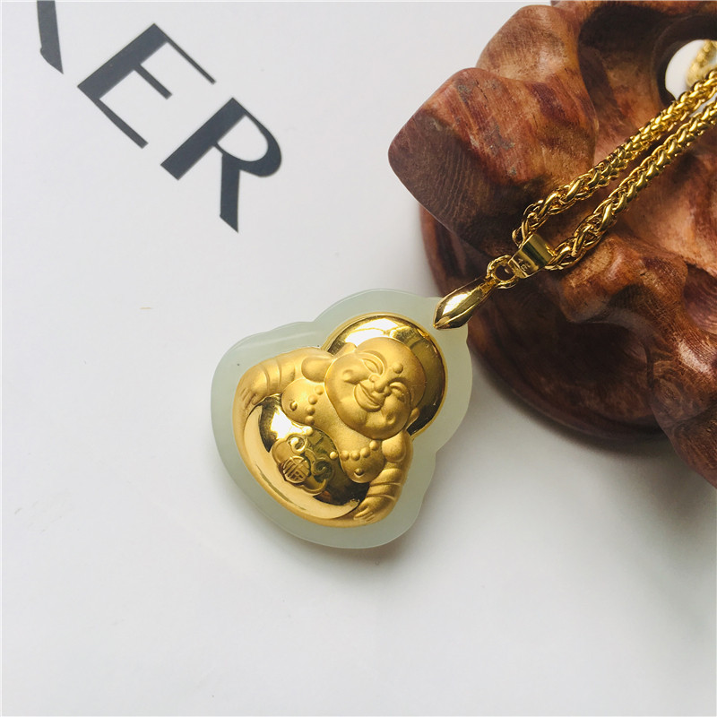 Pendant necklace foot gold and field Jade Buddha pendant jade Guanyin gold inlaid jade pendant jade pendant pendant pendant with male and female pendants