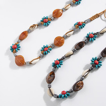 Bohemian style flower braided knotted ethnic style handmade wooden beads womens belt casual resort style beautiful waist rope