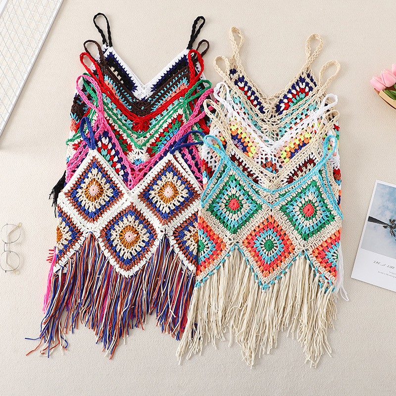 Thai Travel Ethnic Style Tassel Strap Hollow-Out Knitted Vest Bohemian Style Top