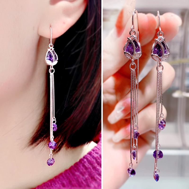 Earring 2022 new tide pure silver - long ear - tight lady purple tulip - flow of zircon ear crash temperament ear
