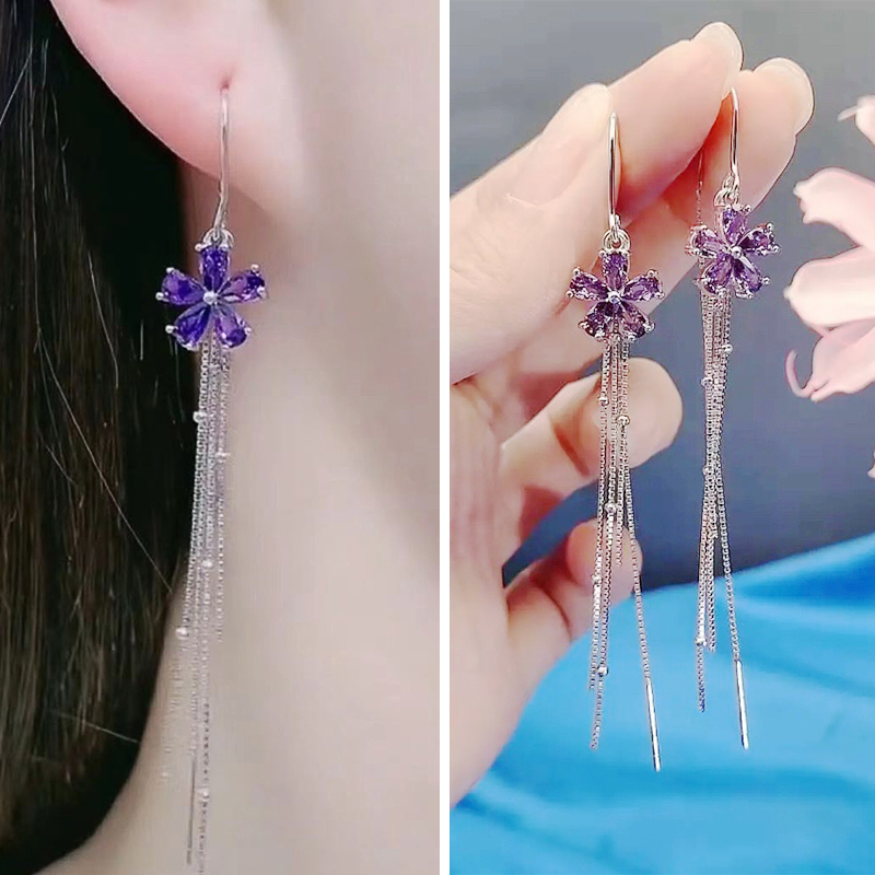 Summer paragraph 2022 new pure silver purple crystal flower earrings Long version Stream Soar-Japan Temperament Ear Accessories