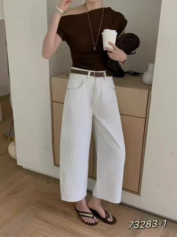 58462 # Summer Off-White High-Waisted Slimming Versatile Cropped Jeans 58462 # Summer Off-White High-Waisted Slimming Versatile Cropped Jeans