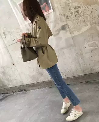 2021 Autumn New temperament short version of windbreaker women long version of small man coat waist thin loose khaki