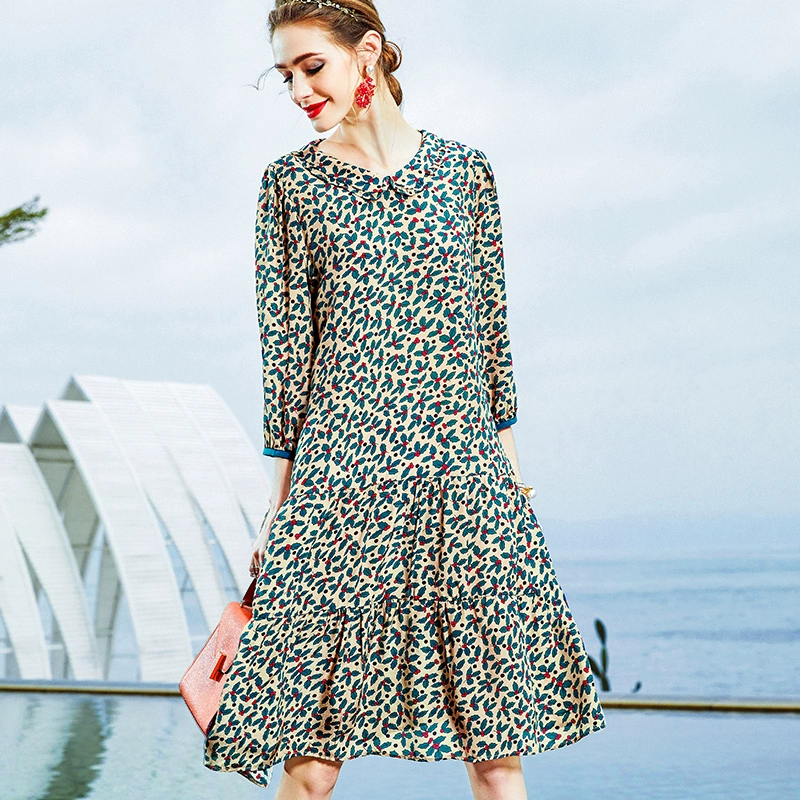 Mulberry lụa cổ áo váy 2020 mùa xuân mới quần áo của phụ nữ Hàng Châu in lụa giữa váy lụa dài - Váy eo cao