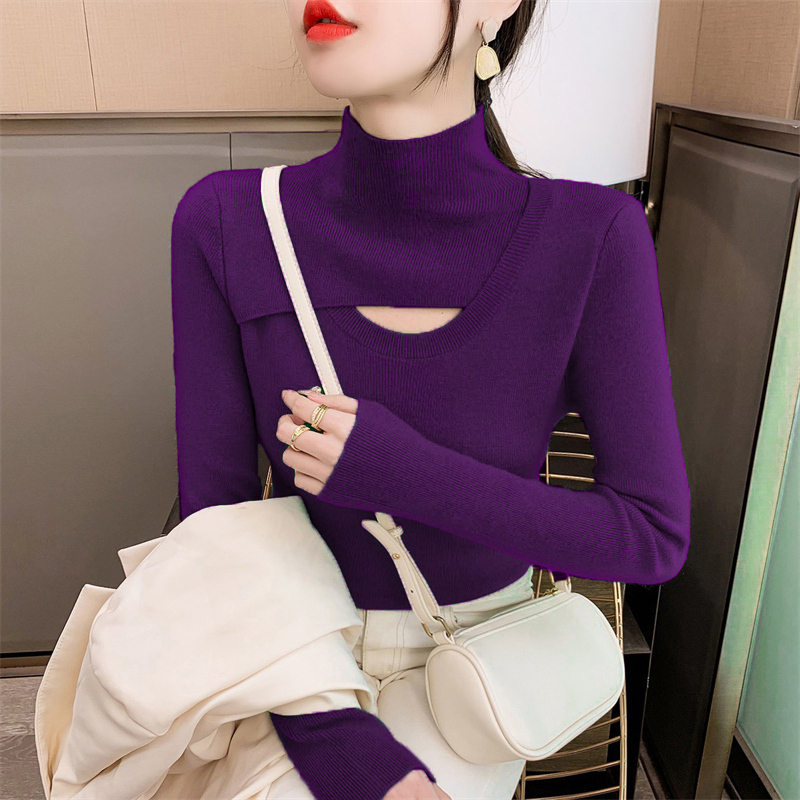 Half Turtleneck Cashmere Base Layer Sweater for Women, Autumn and Winter, Purple Sweater, 2025 New Style, Stylish Slim Fit Hollow Knit Sweater