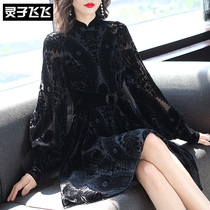 2020 Pop Woman Fashion New Fashion Elegant Light Cooked with wife printed long sleeves Waist Belts Cashew Dress