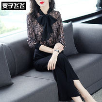 2019 Spring new womens maiden name Ehime light cooked wind butterfly knots snow-spinning sweatshirt broadlegged pants suit womens two sets