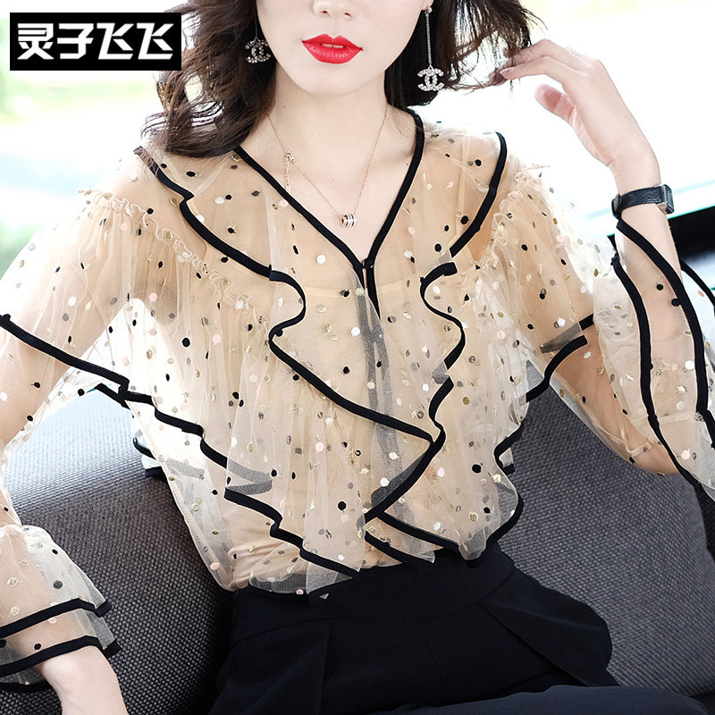 Summer fashion western style super fairy lotus leaf trumpet sleeve v-neck lace shirt mesh embroidery floral flower shirt top women