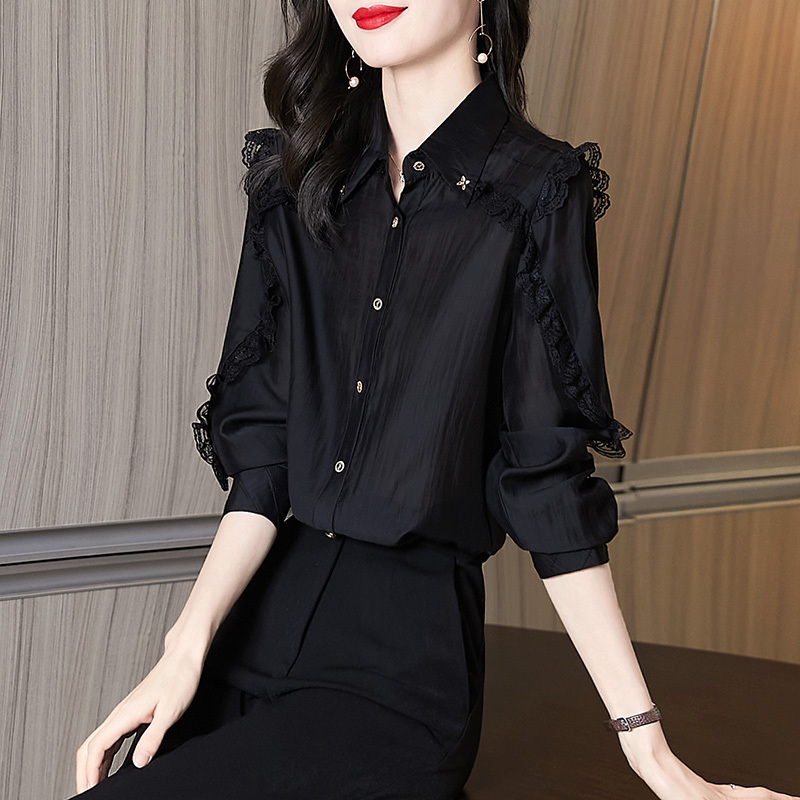 Early Autumn New Style Lyocell Blend Top for Women, Hepburn Style High-End Black Lace Trim Polo Collar Shirt for Women