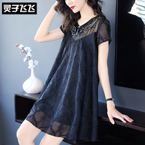 Summer wide Mrs. black loose big code a character thin nail pearl bright sheet retro embroidered embroidered embroidered one-piece dress