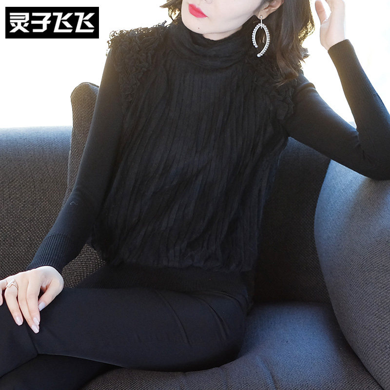 Autumn and winter black high-neck long-sleeved western style sweater sweater top small shirt lace mesh inner bottoming shirt women