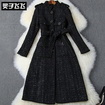 2019 popular autumn and winter light cooked style black medium-length stand-up collar thick tweed beaded coat jacket female