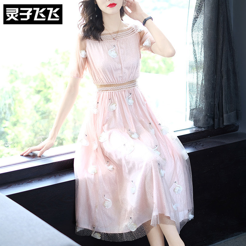Long version of the summer pink in the shape of a shoulder to collect waist a word rework embroidered lace mesh yarn dress female