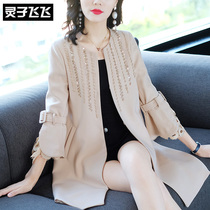 2018 Spring and autumn loaded with new mid-length trumpeter sleeves Beads Bright Sheet Lace Splicing Wind Jersey Clothed Coat Outerwear Woman