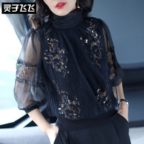European goods spring and autumn long-sleeved lace mesh bottoming shirt embroidered sequins chiffon shirt Western style small shirt super fairy top women