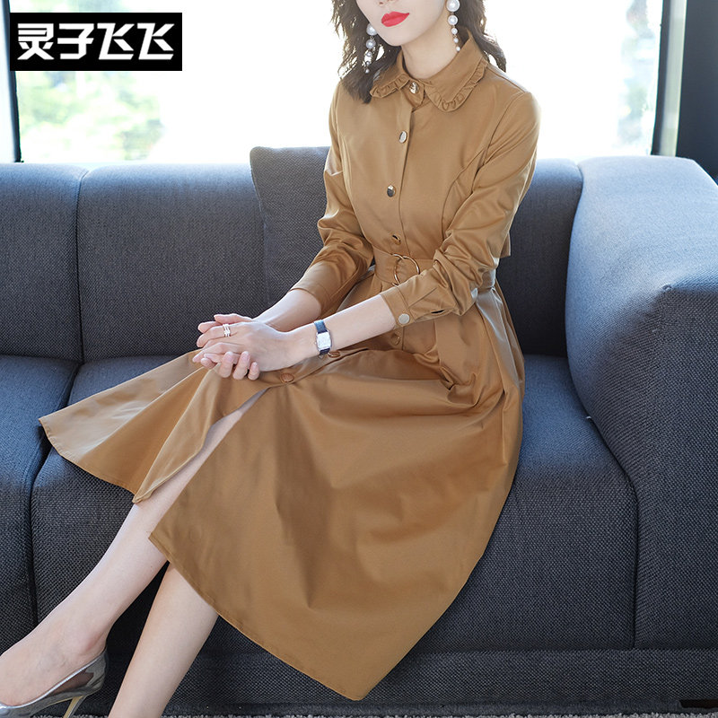 2018 autumn new style lapel long-sleeved slim waist tie A-word mid-length version single-breasted trench coat women's