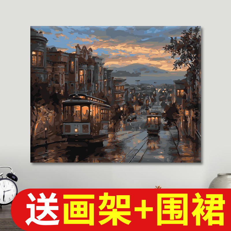 icision digital oil painting diy oil painting living room landscape fill color hand paint fill color decoration paint night color tram