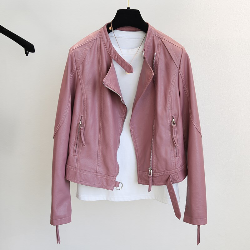 Korean Pink-Purple Washed Leather Jacket for Women 2025 New Spring and Autumn Short Biker Jacket Slimming Stand Collar Leather Jacket