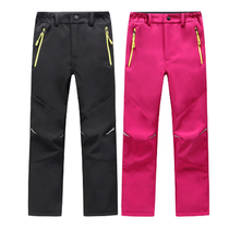 Outdoor childrens assault pants boys and girls soft shell pants autumn and winter waterproof windproof plus velvet padded ski pants hiking