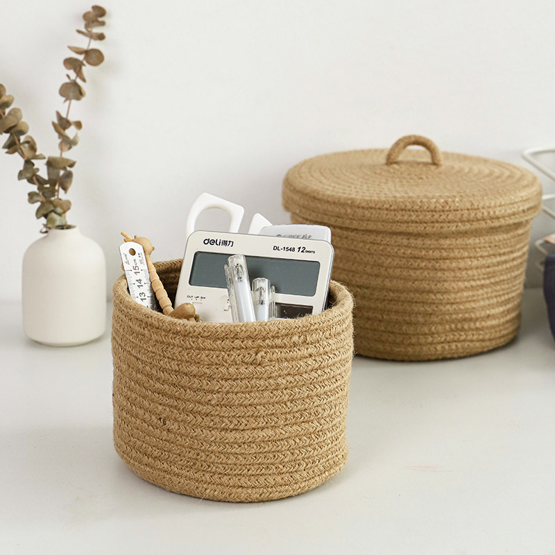 Round desktop covers basket jute knitting small Japanese-style living room porch keyboard storage box