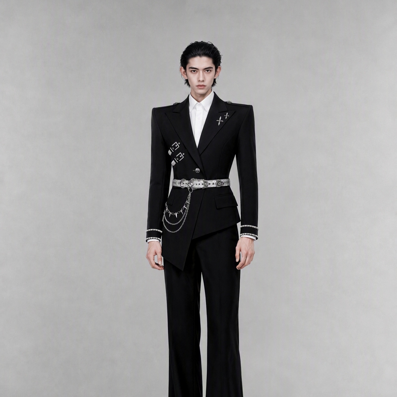 Fredomzone【Bound Blade Black Contract】Wide-Shouldered, Narrow-Waisted Suit with a Stylish Design, Slim-Fitting Waist-Cinching Performance Outfit for Men