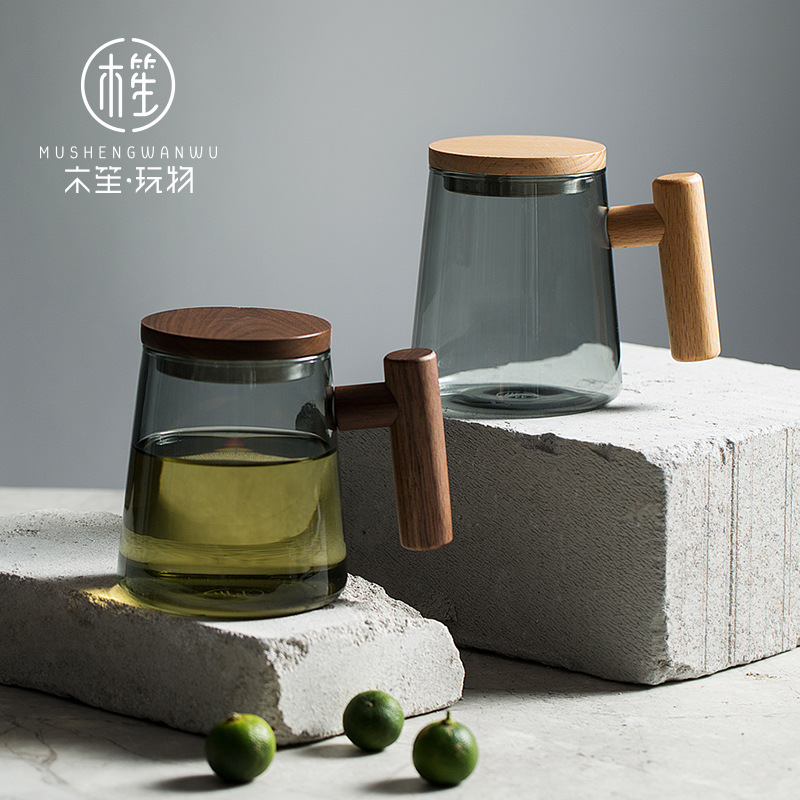 Wood Sheng Playoff Day Style Tea Water Separation Bubble Tea Cup Heat Resistant High Boron Silicon Glass Mug Office Flowers Tea Cup With Lid