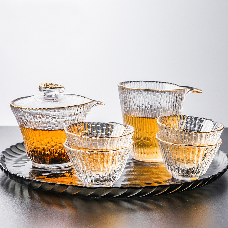 Glass tea cup pure handmade tree pattern tea cup hammer pattern male cup tea dispenser kung fu tea brewing tea bowl golden rim cover bowl