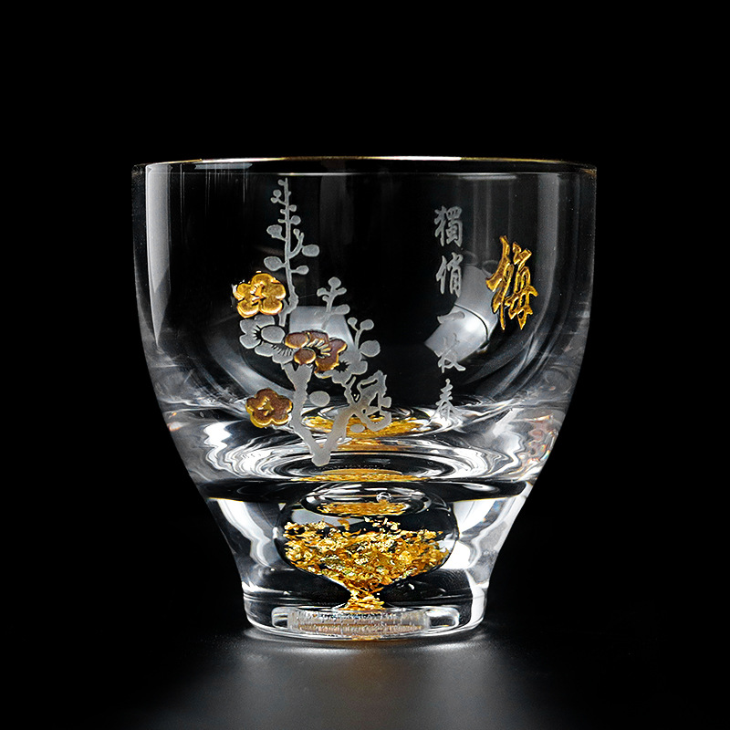 Handmade tea cup plum blossom cup plum orchid bamboo chrysanthemum glass cup personal cup single cup crystal glass gold foil gilt cup