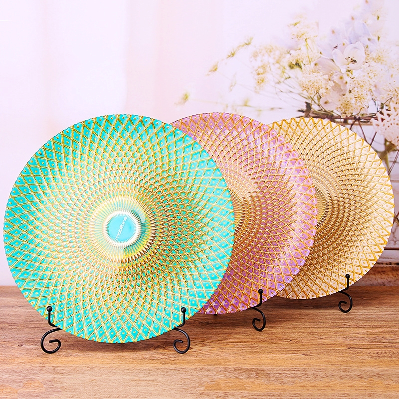 Exit European Style Glass Dinner Plate Golden Silver Crested Pineapple Textured Main Dinner Plate Fruit Pan Plated Silver Wedding Dinner Plate Hem Tray