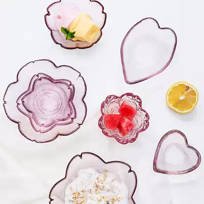 Japanese-style cherry blossom petal small plate Household pink crystal glass small bowl seasoning plate Snack fruit dessert dried fruit plate