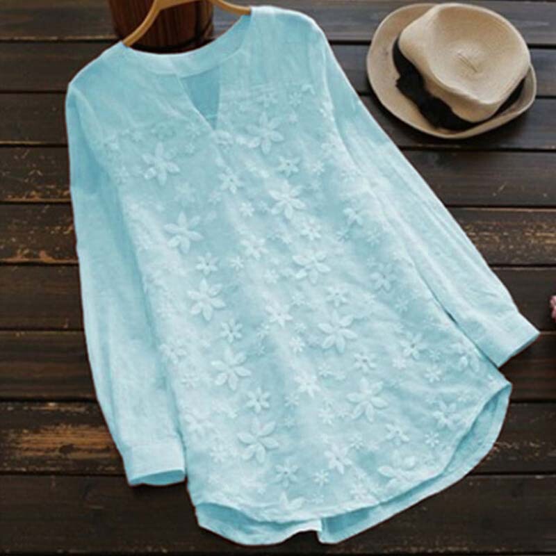 Exported to Europe and America, Foreign Trade Single-Layer Cotton and Linen Lace Embroidered Long-Sleeved Shirt, Loose Women's Top, T-Shirt, Women's Base Shirt