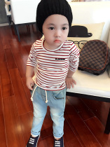 Infant striped shirt spring and autumn Q4 thin long sleeve T-shirt girls boys and children round neck base clothes