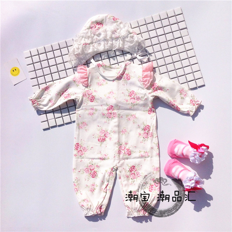 Baby one-piece baby single breasted long-sleeved romper pink climbing clothing Q6 spring and autumn girls pure cotton floral clothes