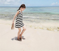 Girl Tibetan blue stripe suspender skirt summer Q4 Korean version of female baby girl with beach princess dress dress